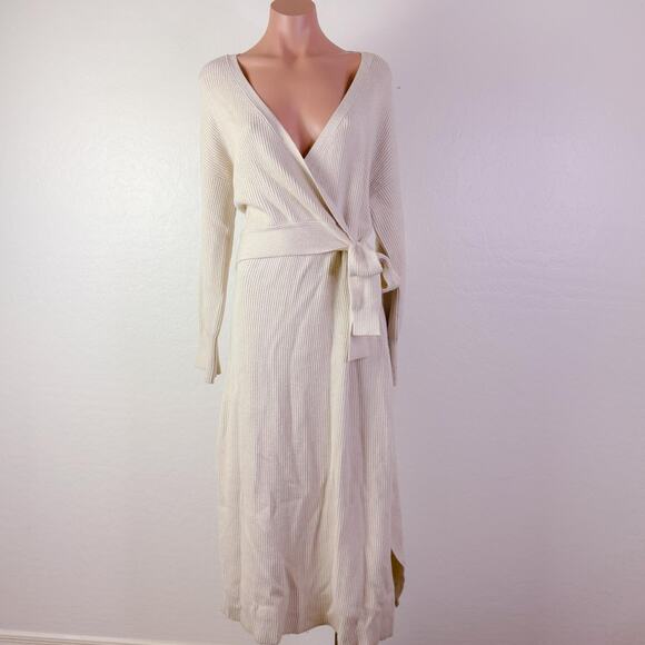 WAYF Ribbed Knit Long Sleeve Tie Wrap Sweater Dress Cream Fall Cozy Size L NWT - Picture 2 of 12